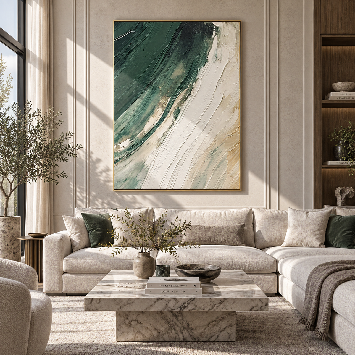 Emerald Tide Curves vertical painting styled as a refined focal point