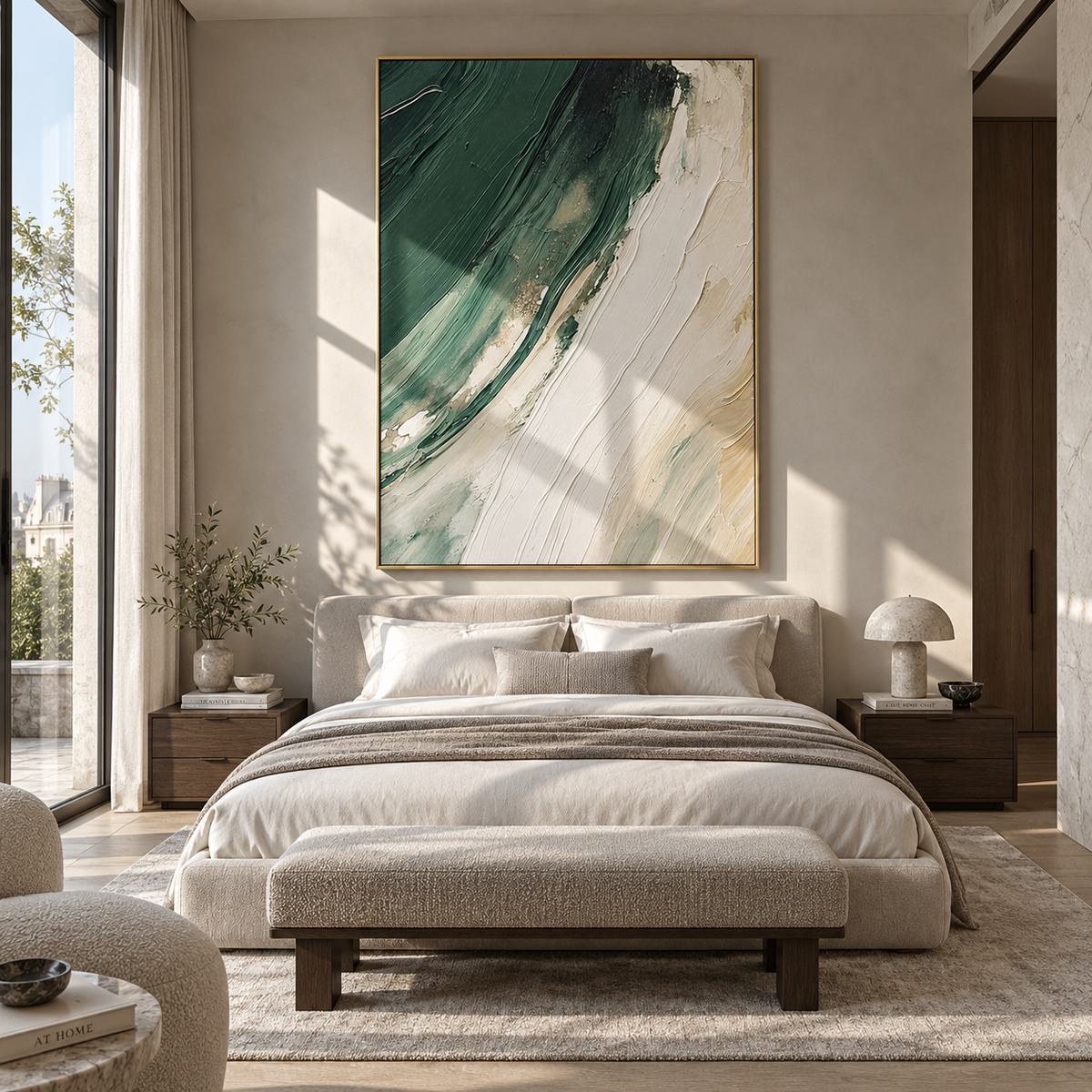 Emerald Tide Curves displayed with natural materials and modern decor