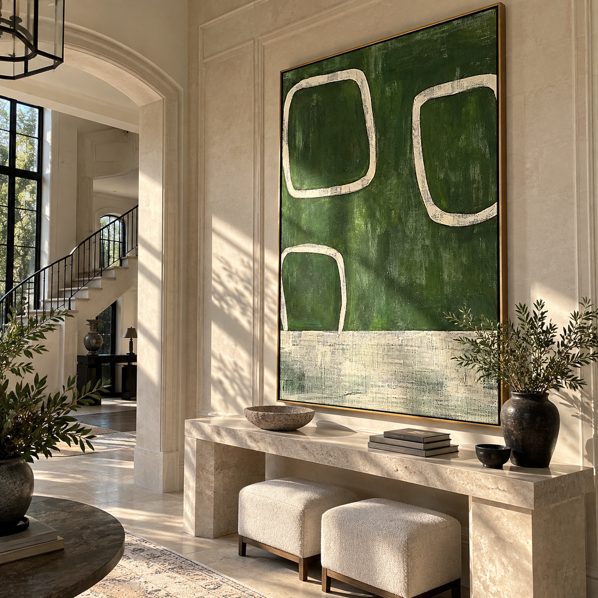 Green Rooms Stay Open vertical painting styled as a refined focal point