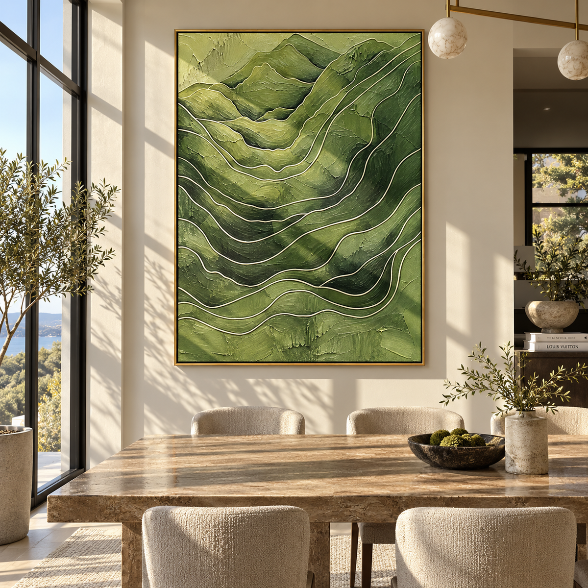 Valleys Fold Into Green green mountain contour relief painting displayed in a modern interior