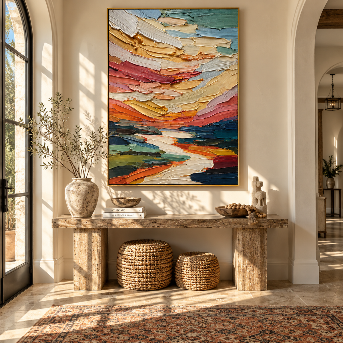 Sunset Passes Through Color colorful river landscape painting displayed in a modern interior