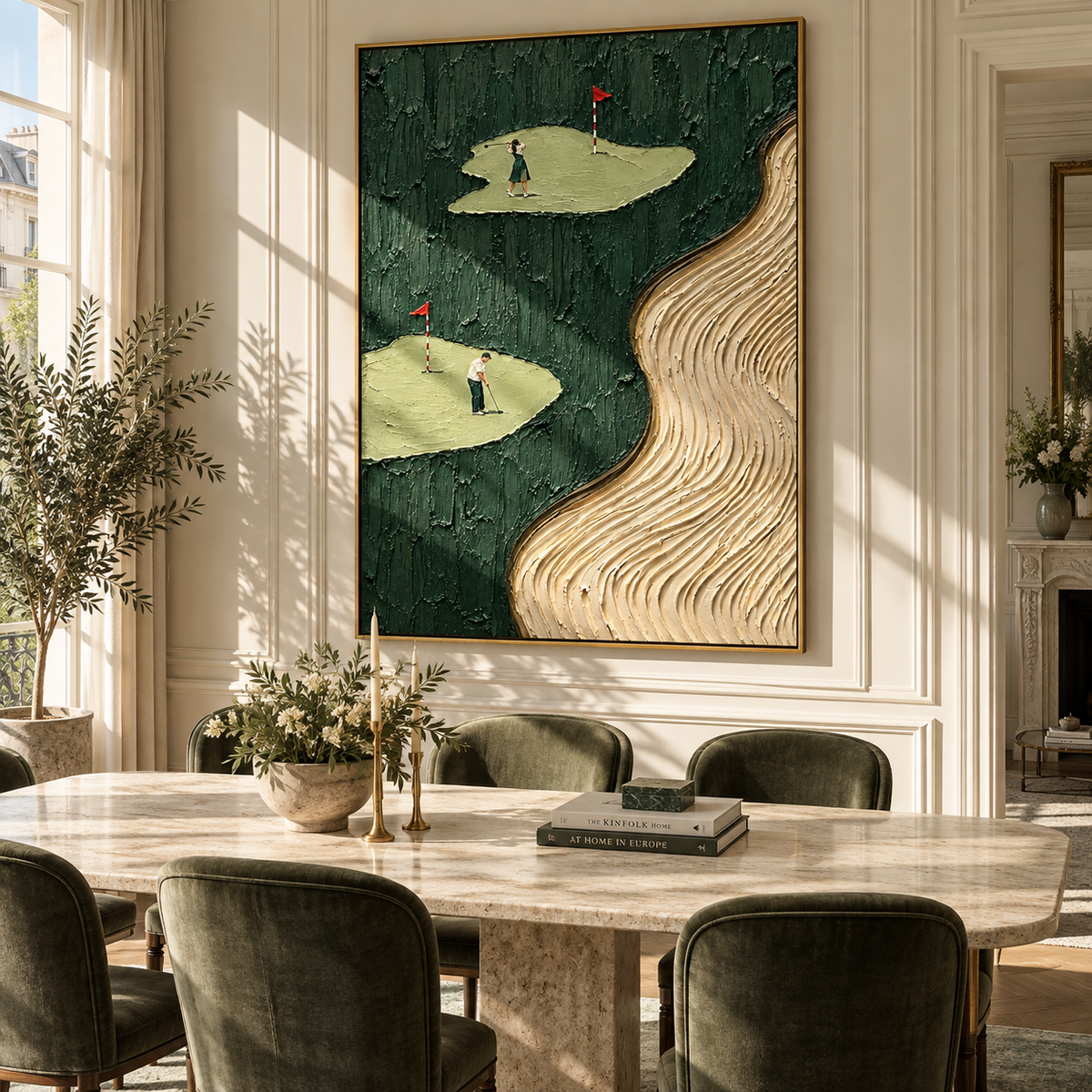 Fairways Beside Sand Current green golf course texture painting displayed in a modern interior