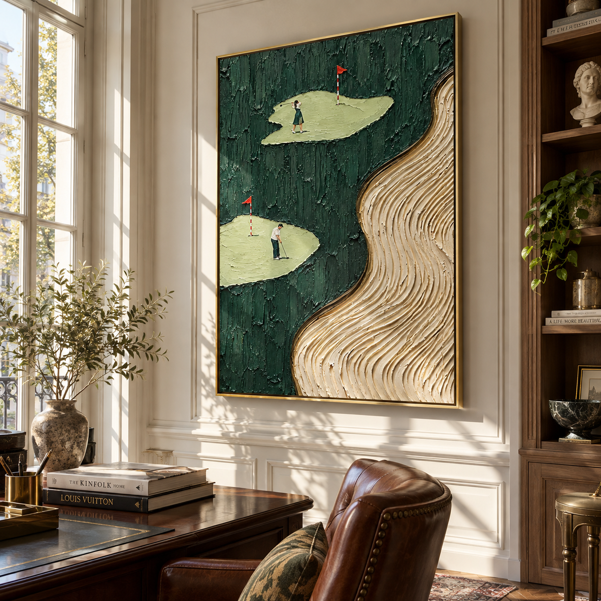 Fairways Beside Sand Current textured wall art shown above contemporary furnishings