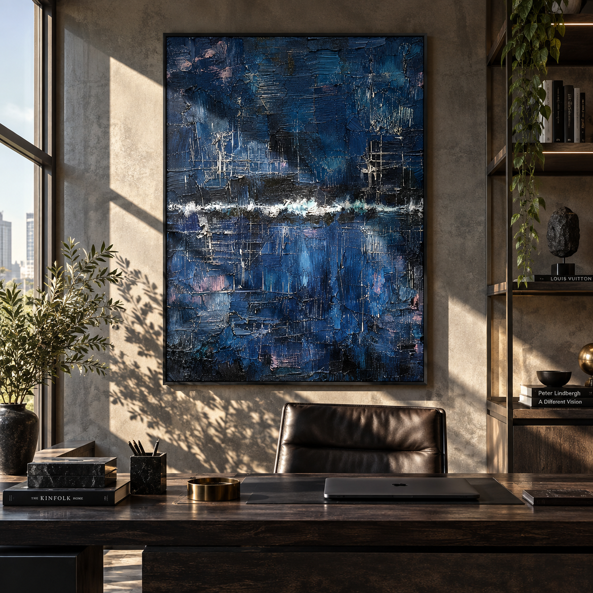 Night Horizon Holds Light displayed with natural materials and modern decor