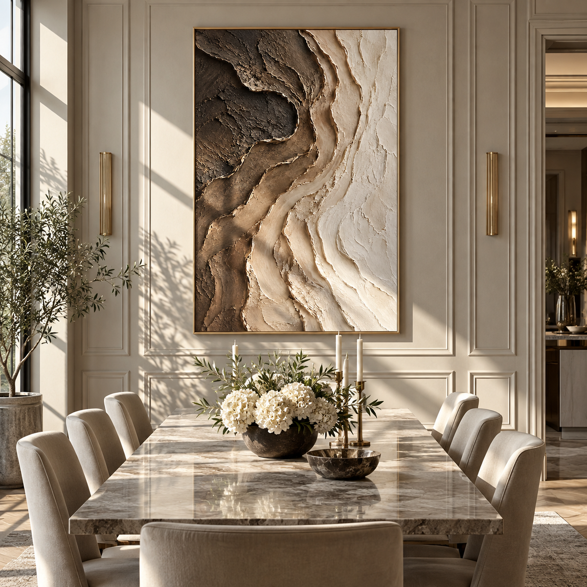 Earth Opens Into Ivory textured wall art shown above contemporary furnishings