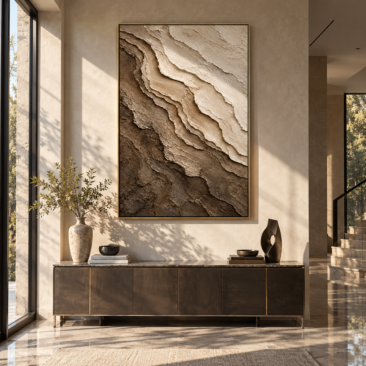 Stone Layers Climb taupe ivory layered relief painting displayed in a modern interior