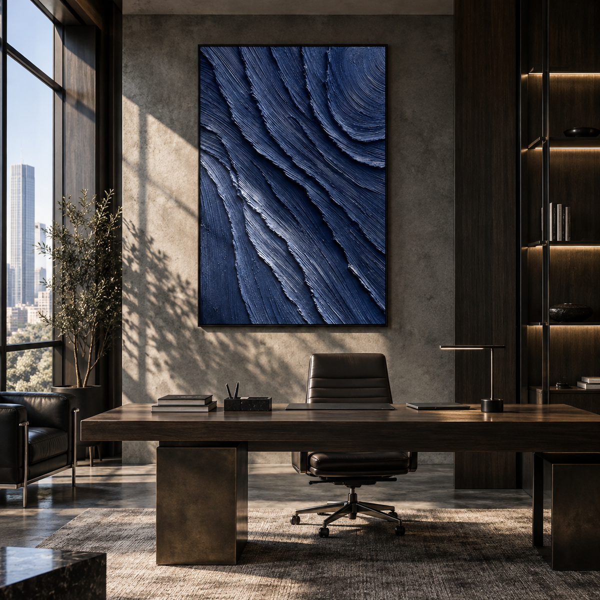 Midnight Currents Fold navy blue layered texture painting displayed in a modern interior