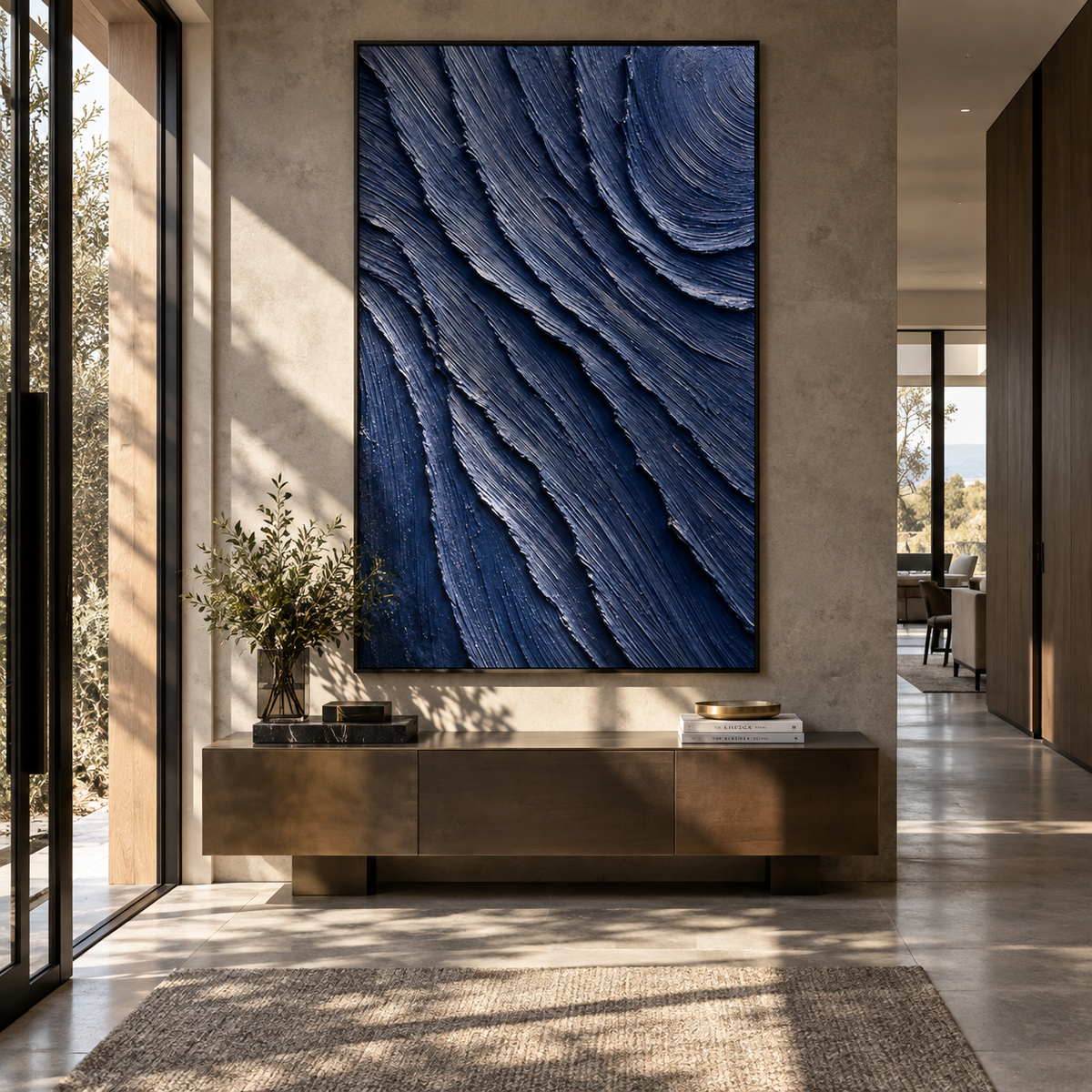 Midnight Currents Fold textured wall art shown above contemporary furnishings