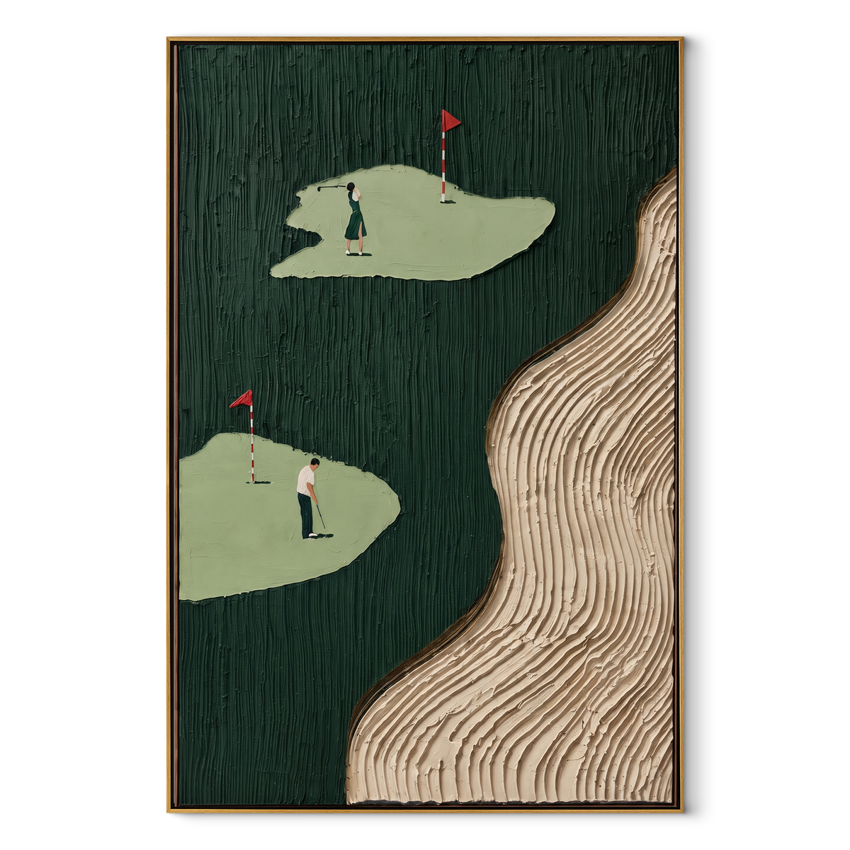 Ivory Greens River Path vertical painting in a wood frame on white