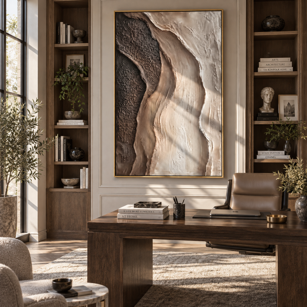 Stone Current Descends brown ivory flowing relief painting displayed in a styled interior