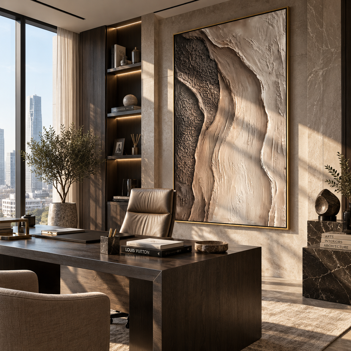 Stone Current Descends vertical painting displayed as a room focal point