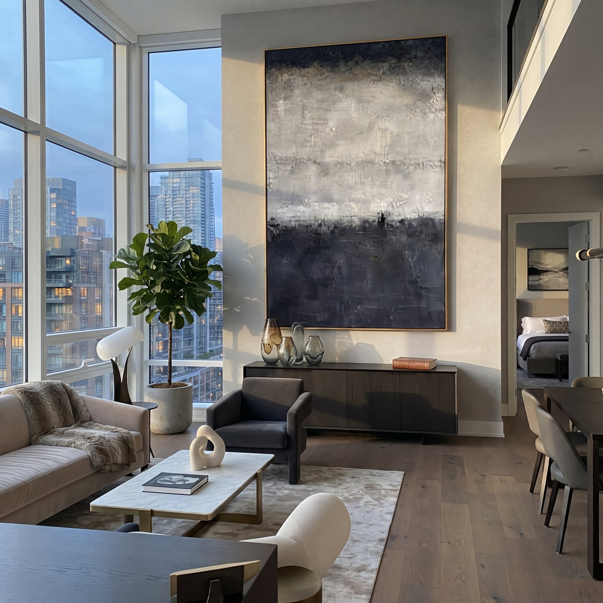 Midnight Shore Dissolves navy blue atmospheric abstract painting displayed in a styled interior