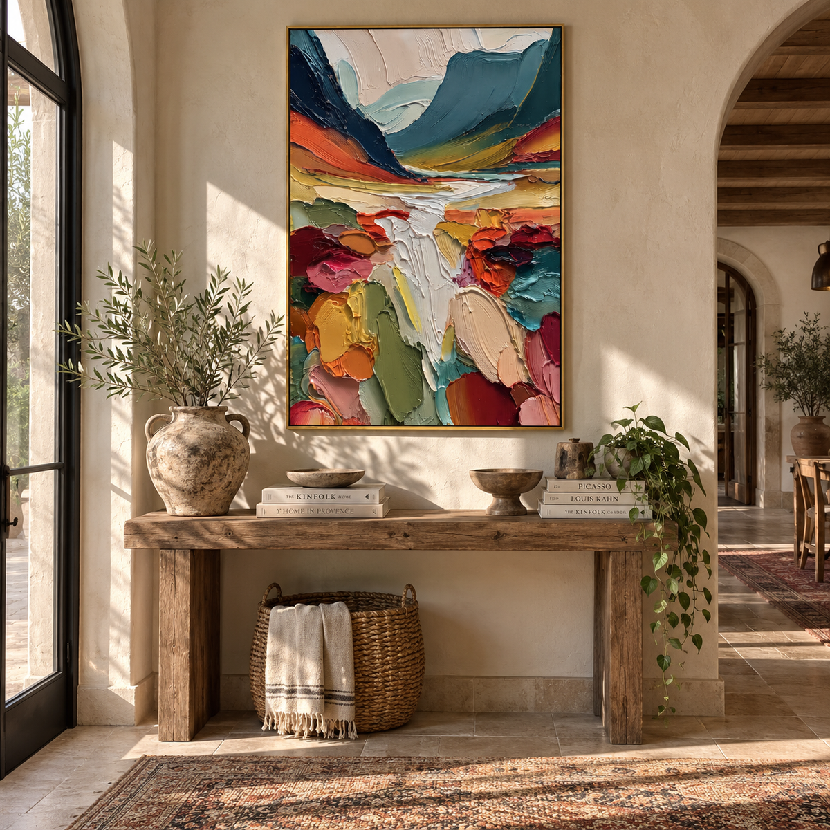 Painted Valley Opens colorful mountain valley painting displayed in a styled interior