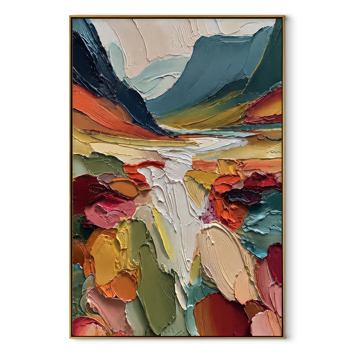 Painted Valley Opens vertical canvas artwork in a wood frame on a white background
