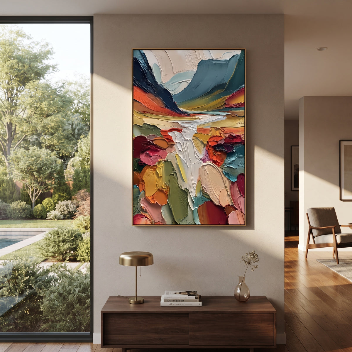 Painted Valley Opens vertical painting displayed as a room focal point