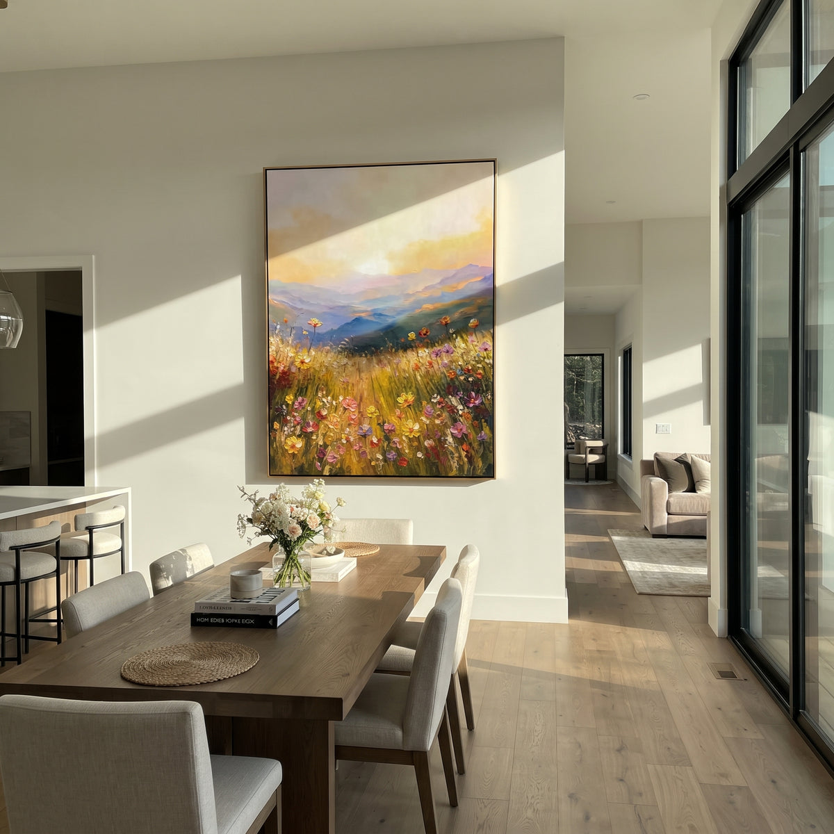 Meadow Holds Morning sunrise wildflower meadow painting displayed in a styled interior