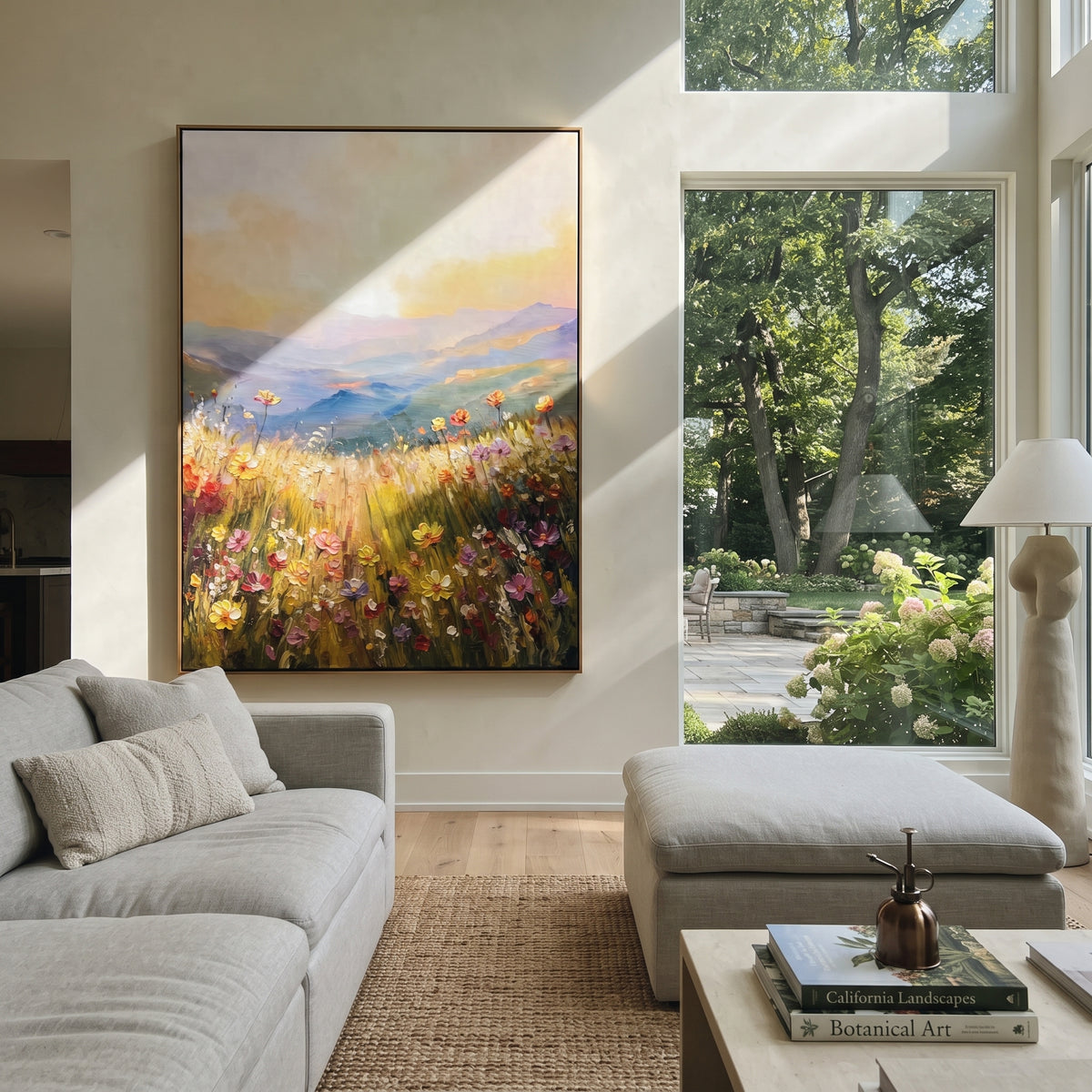 Meadow Holds Morning vertical painting displayed as a room focal point