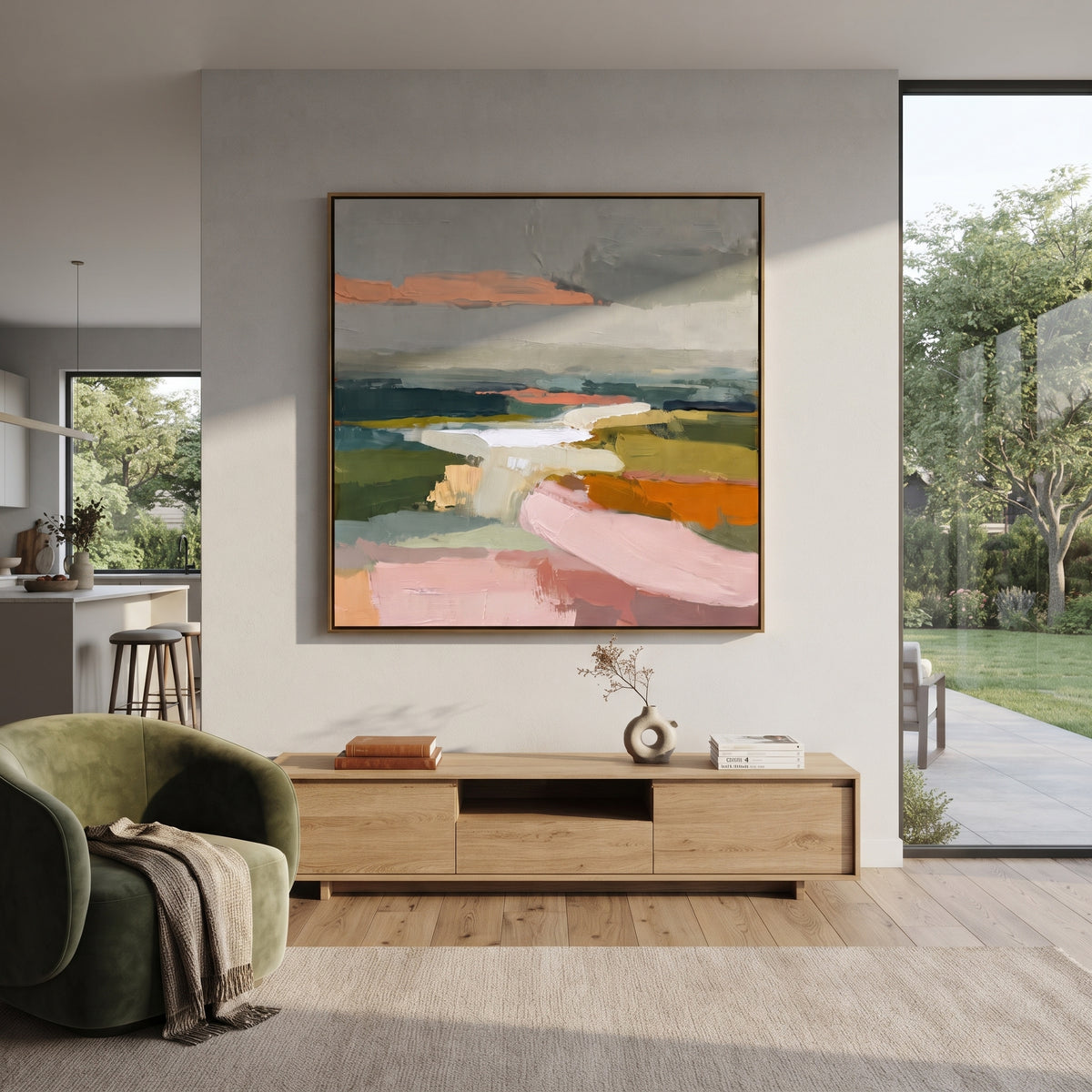 Fields Follow the River pastel abstract landscape painting displayed in a styled interior