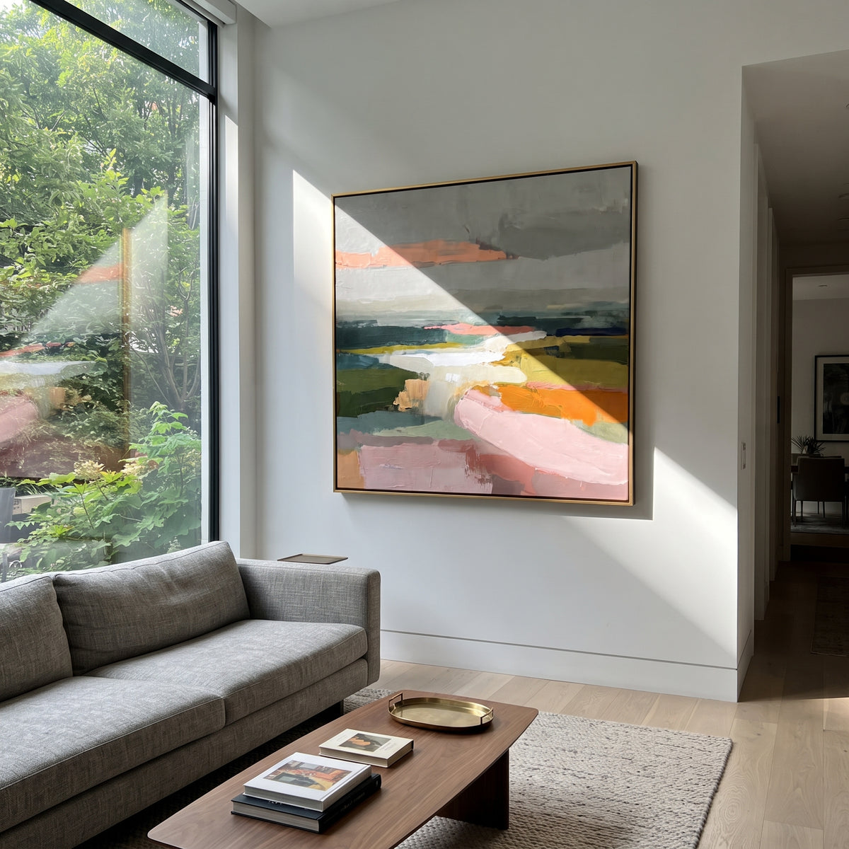 Fields Follow the River vertical painting displayed as a room focal point