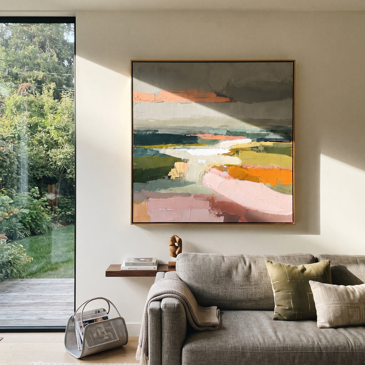 Fields Follow the River artwork shown with modern interior materials