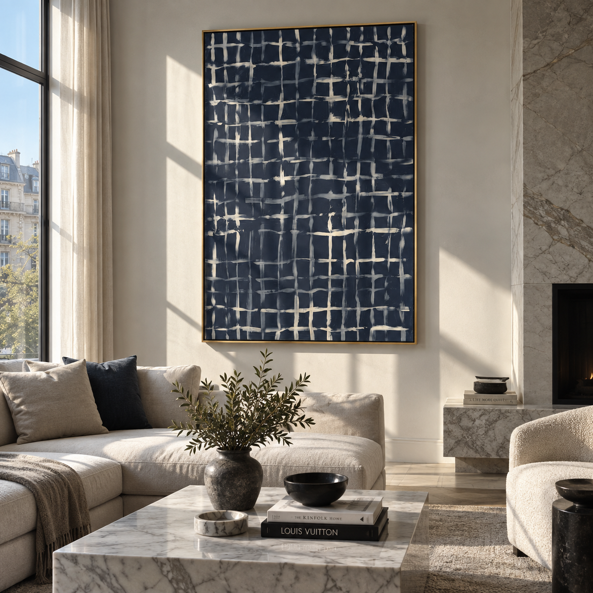 Ivory Grid at Midnight artwork shown with modern interior materials
