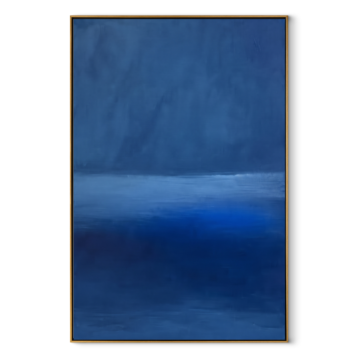 Blue Distance Remains vertical canvas artwork in a wood frame on a white background