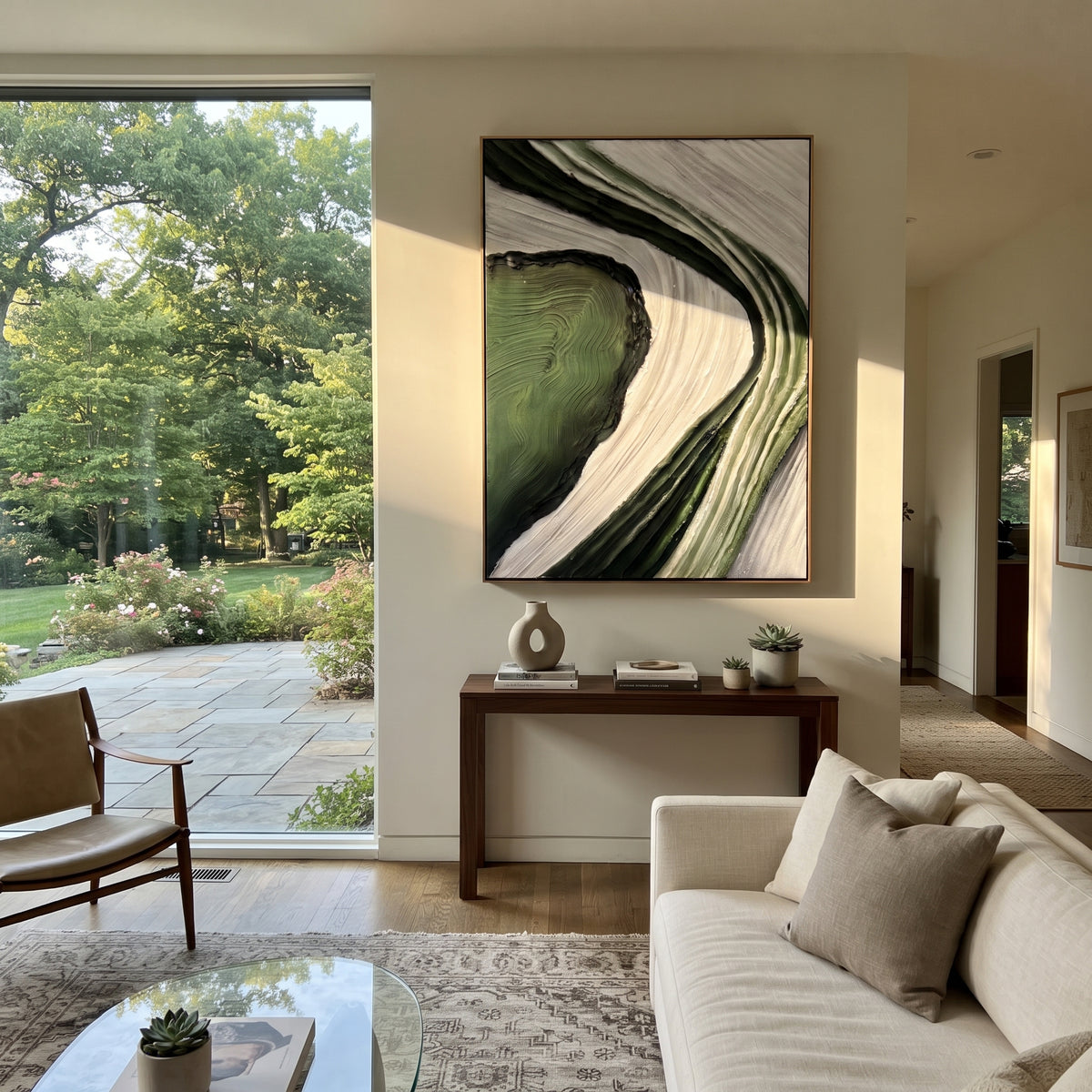 Emerald Current Opens textured wall art shown in a contemporary room setting