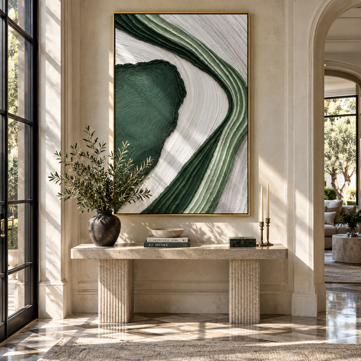 Forest Arc in Motion forest green white abstract painting displayed in a styled interior
