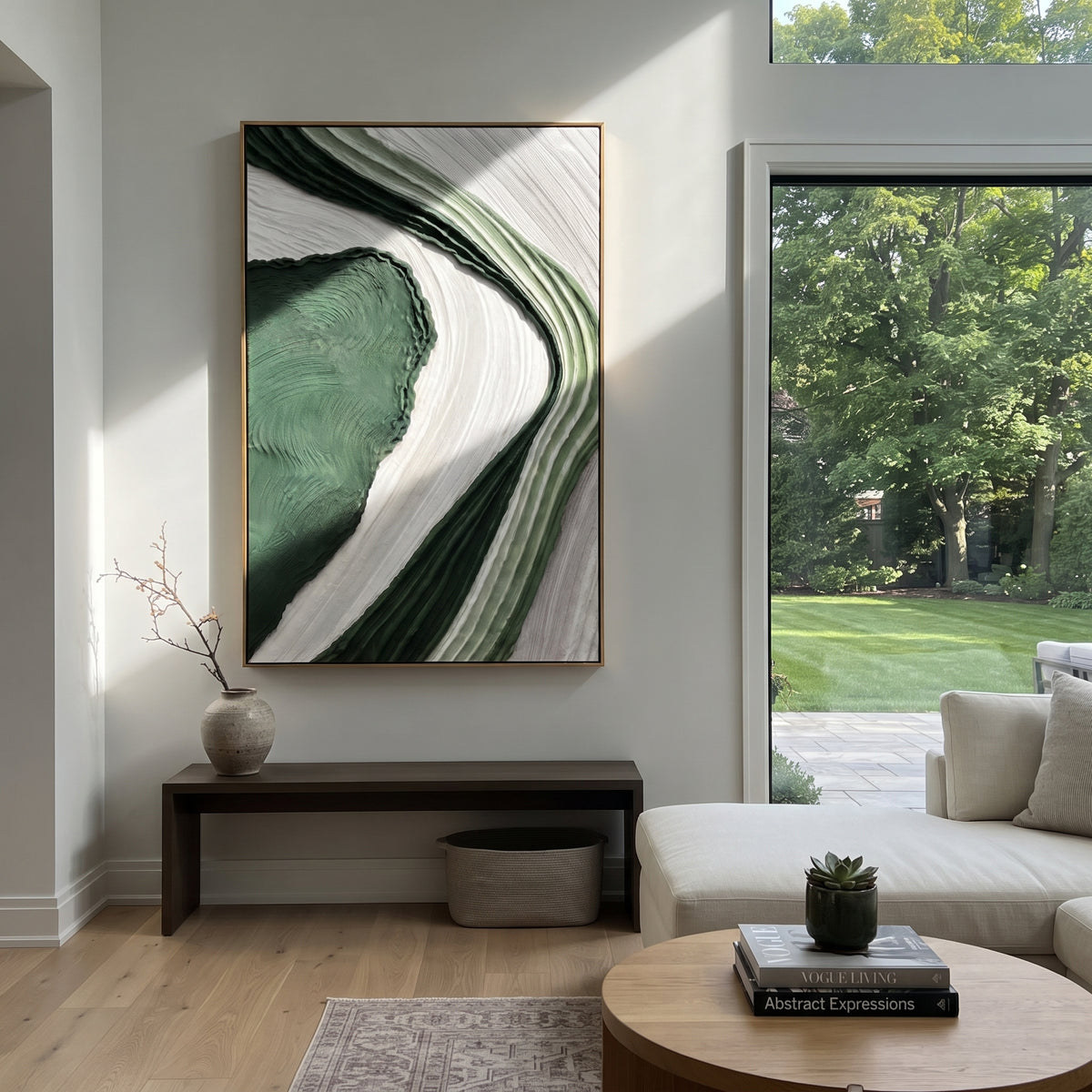 Forest Arc in Motion vertical painting displayed as a room focal point
