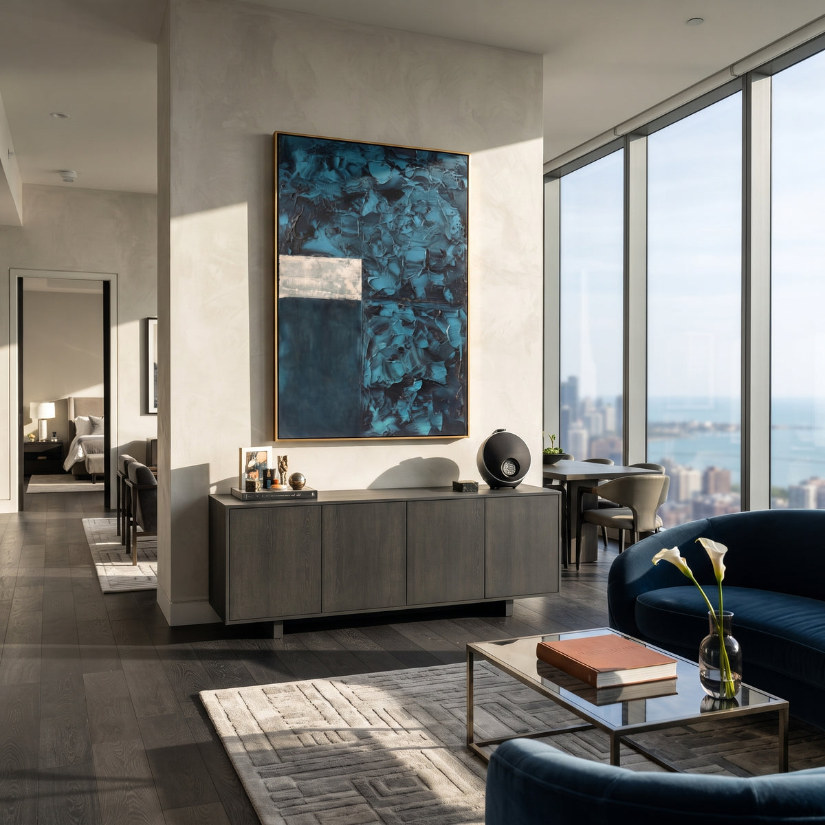 Teal Blocks Hold Silence teal navy geometric abstract painting displayed in a styled interior