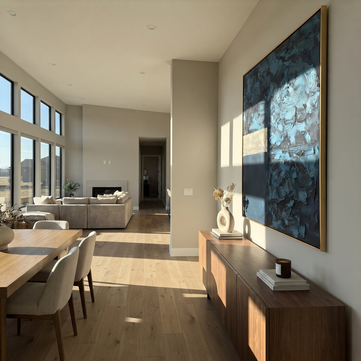Teal Blocks Hold Silence textured wall art shown in a contemporary room setting