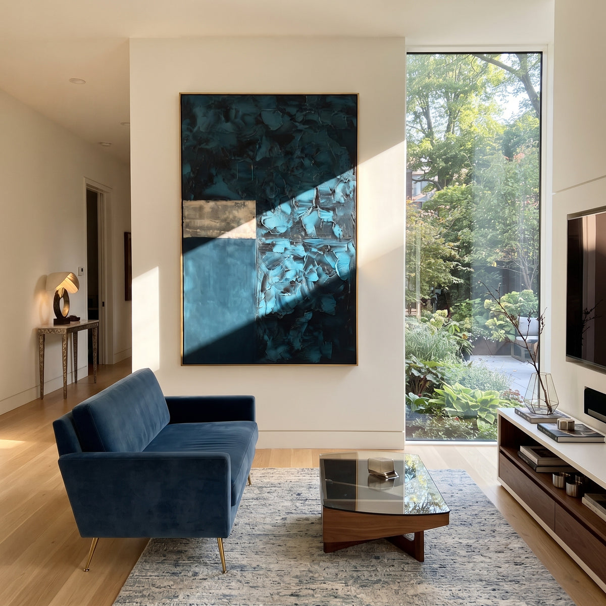 Teal Blocks Hold Silence presented in an alternate styled interior