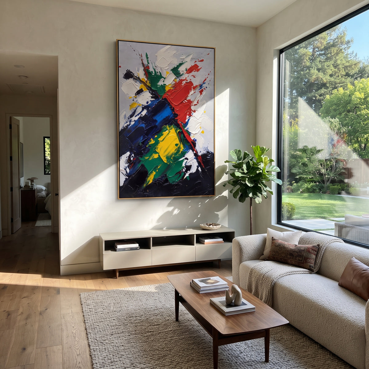 Color Breaks the White primary color expressionist painting displayed in a styled interior