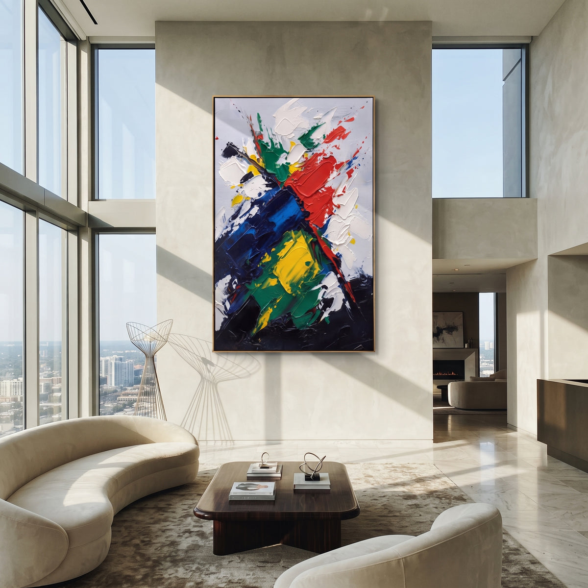 Color Breaks the White vertical painting displayed as a room focal point