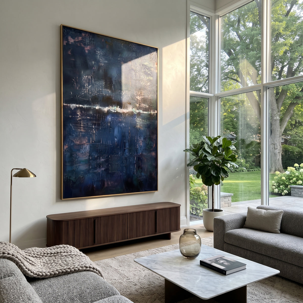 Midnight Harbor After Rain deep blue atmospheric abstract painting displayed in a styled interior