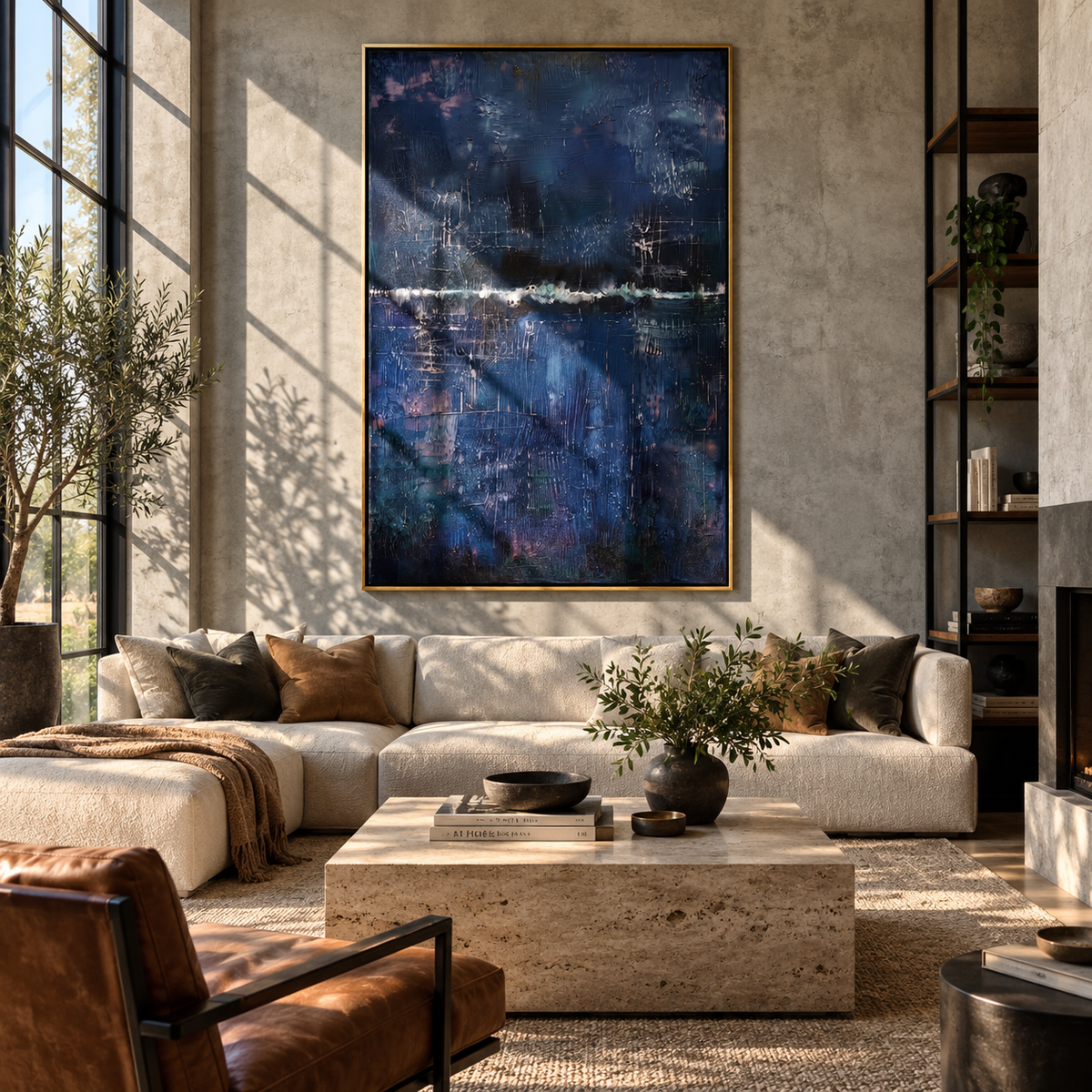 Midnight Harbor After Rain textured wall art shown in a contemporary room setting
