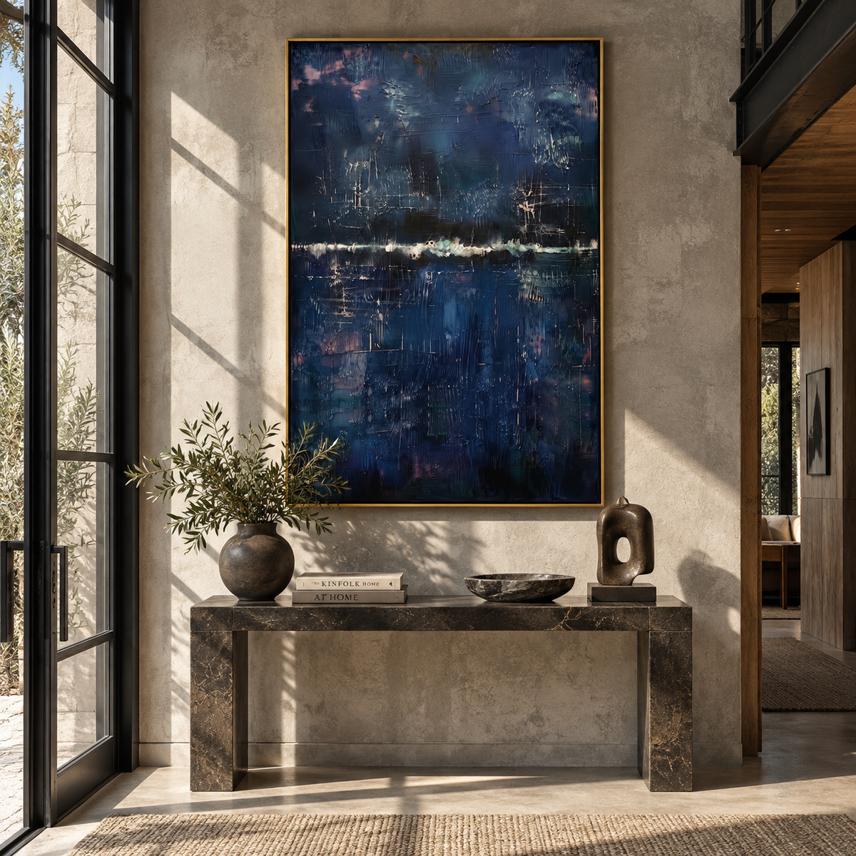 Midnight Harbor After Rain vertical painting displayed as a room focal point