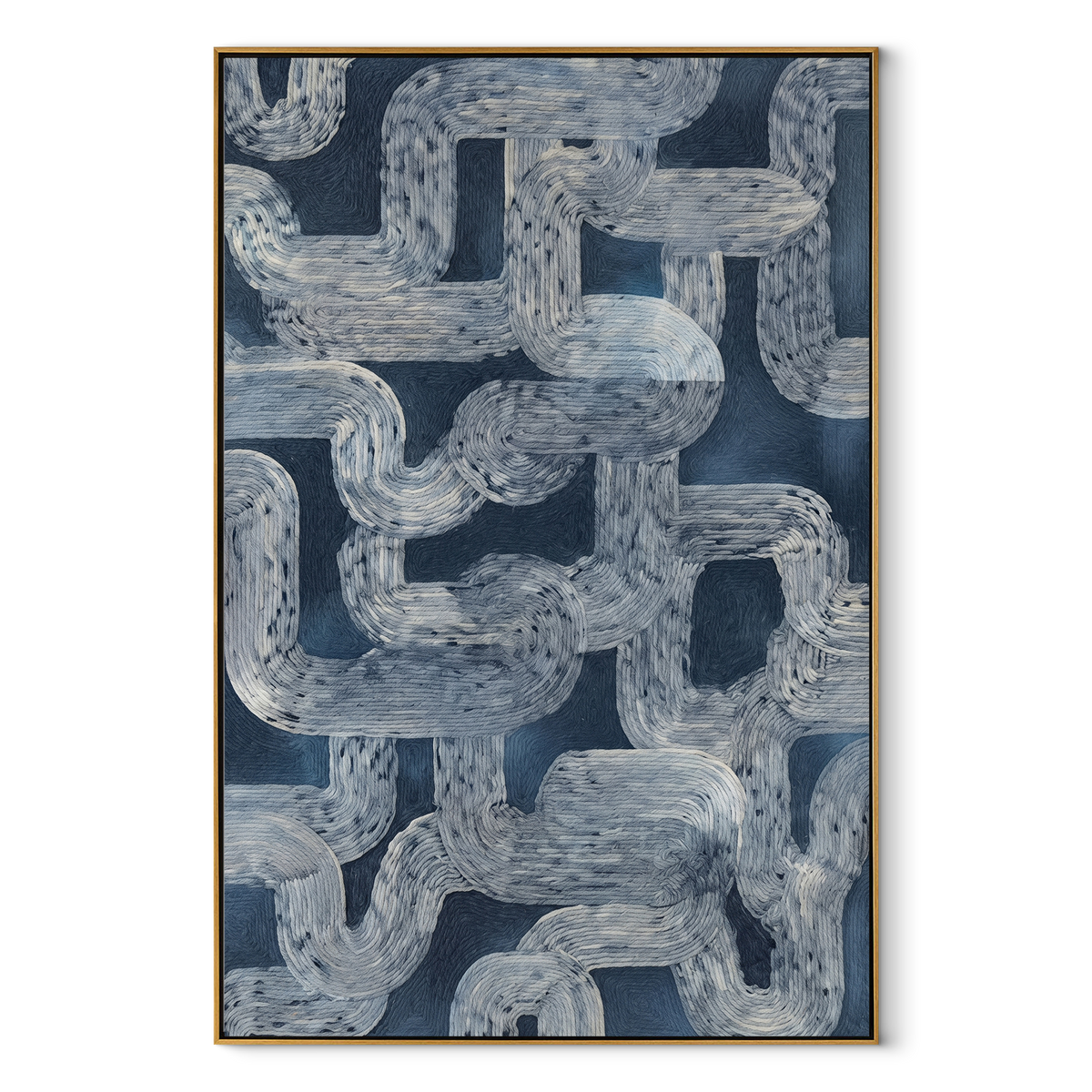 Stone Links Interlock vertical canvas artwork in a wood frame on a white background