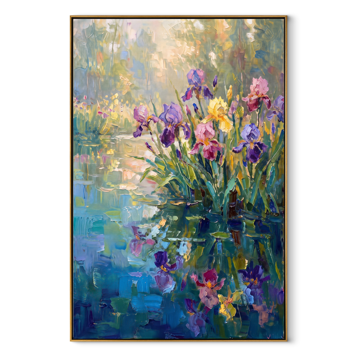 Iris Light on Water vertical canvas artwork in a wood frame on a white background