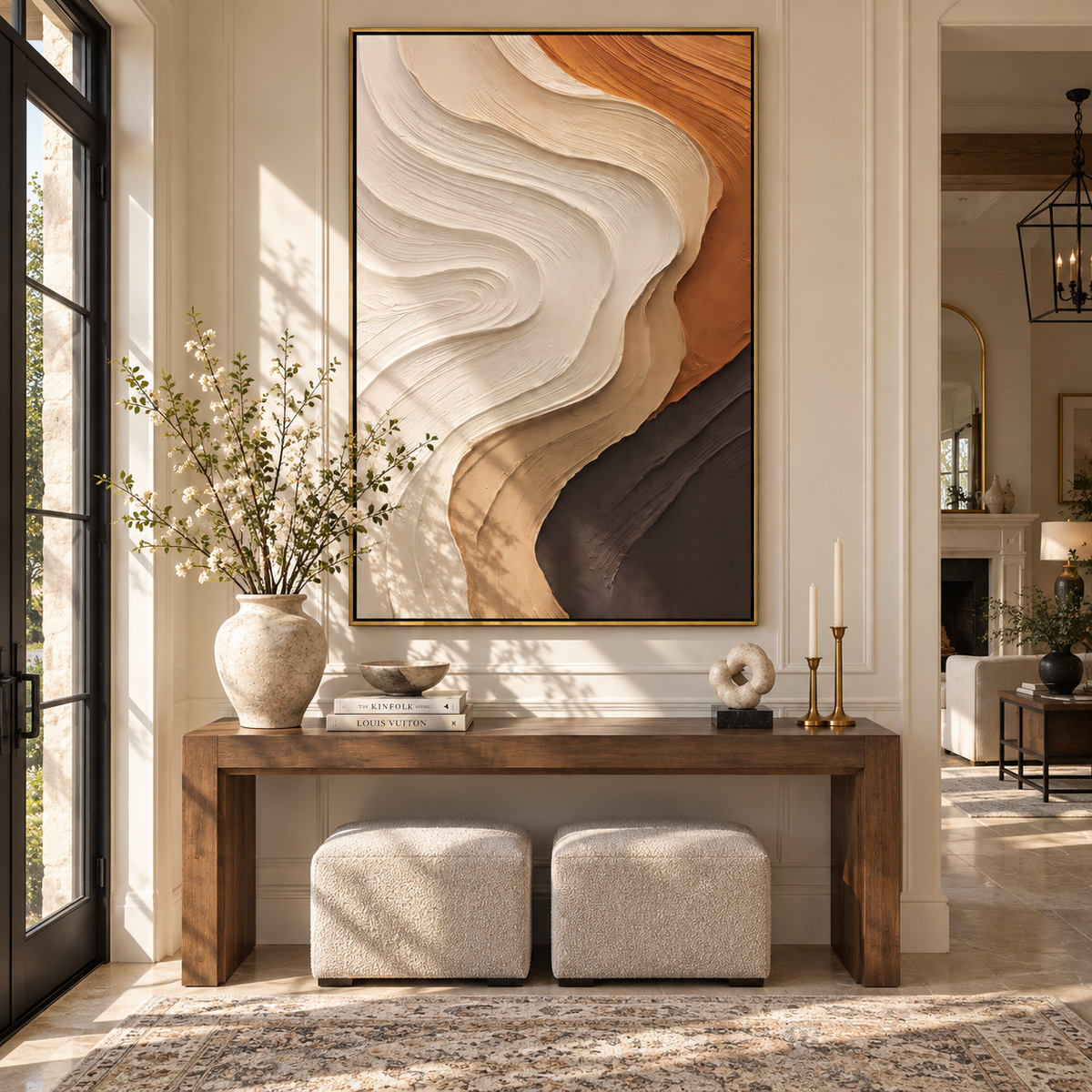 Sandstone Tides Descend beige brown layered relief painting displayed in a styled interior