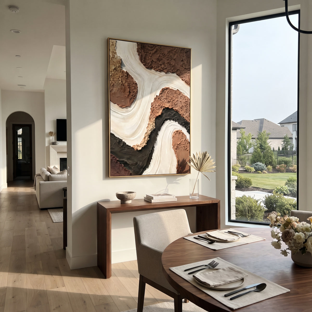 Ivory River Through Earth brown white flowing relief painting displayed in a styled interior