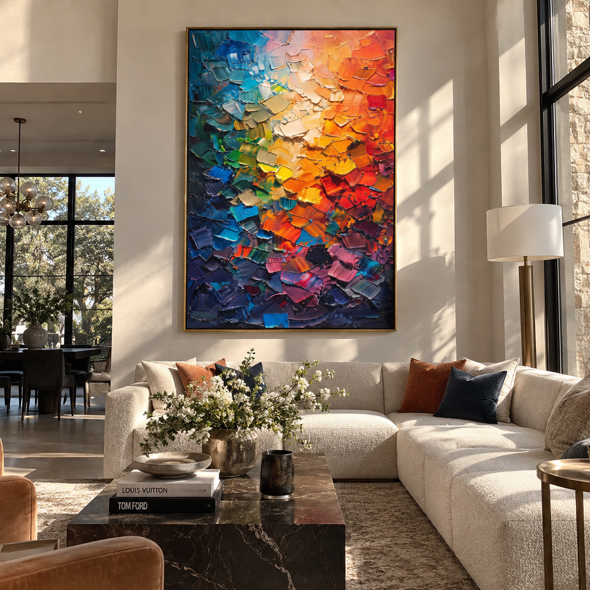 Chromatic Fragments Ignite textured wall art shown in a contemporary room setting