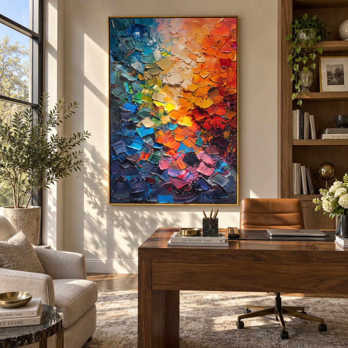 Chromatic Fragments Ignite vertical painting displayed as a room focal point