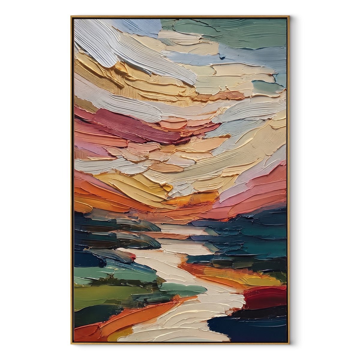Painted Valleys Meet vertical canvas artwork in a wood frame on a white background