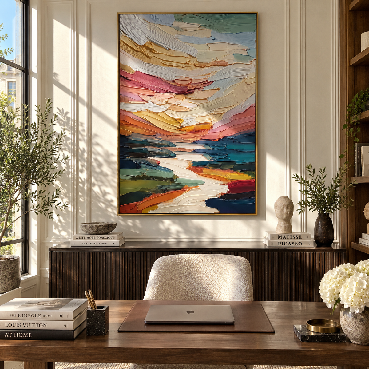 Painted Valleys Meet vertical painting displayed as a room focal point