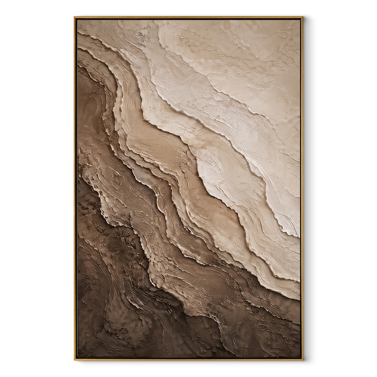 Quiet Strata Drift vertical canvas artwork in a wood frame on a white background