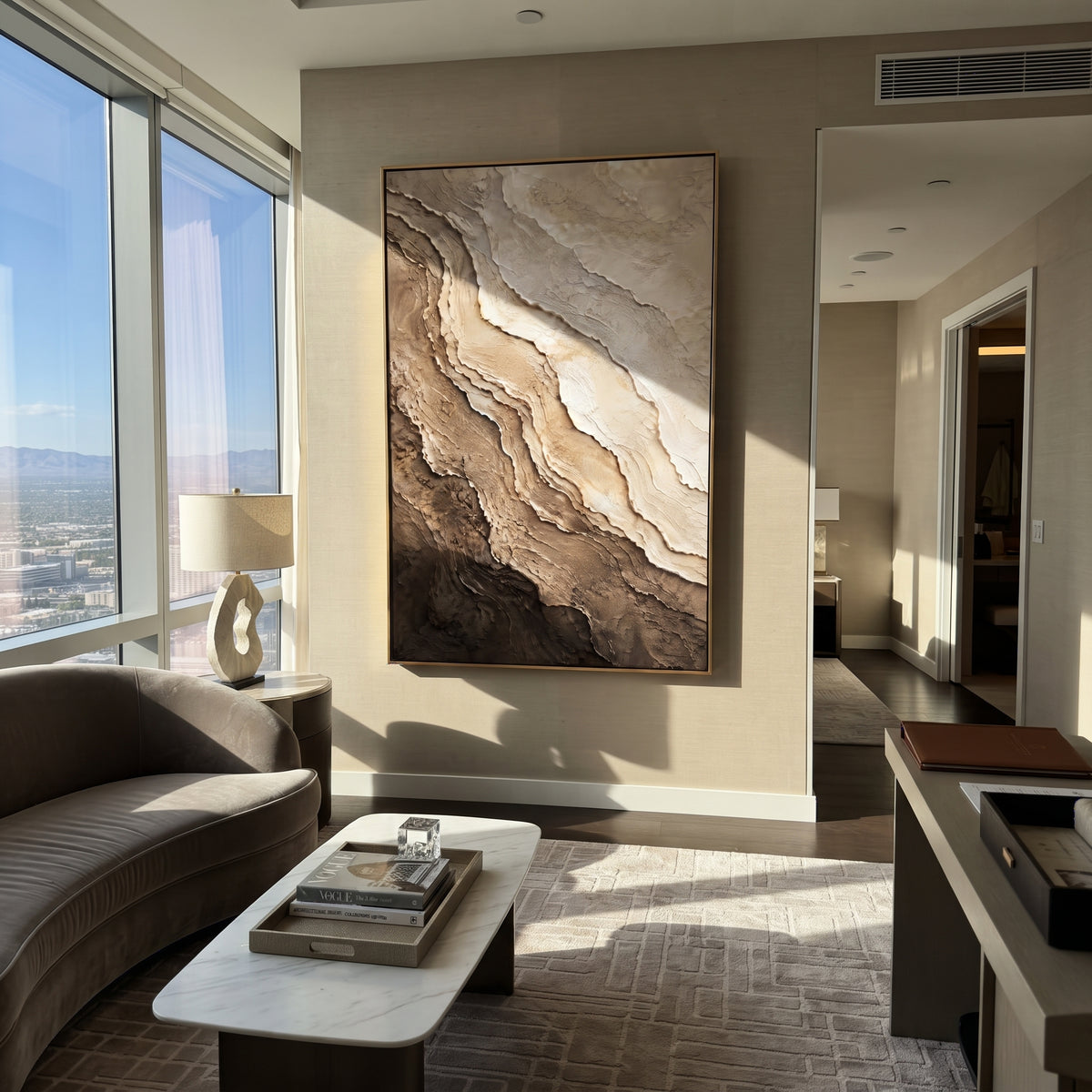 Quiet Strata Drift artwork shown with modern interior materials