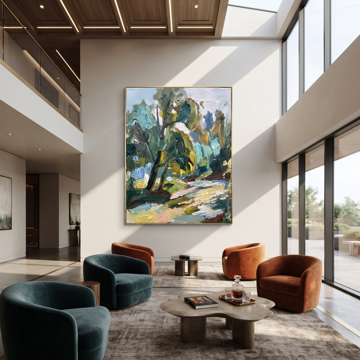 Green Passage Under Trees forest creek landscape painting displayed in a styled interior