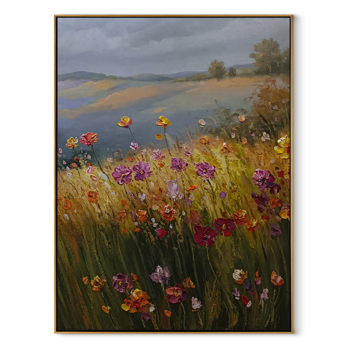 Meadow After Rain vertical canvas artwork in a wood frame on a white background