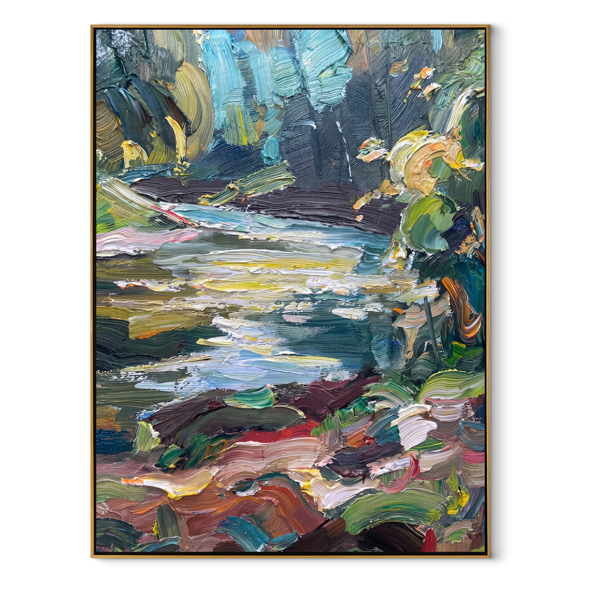 Forest Stream in Motion vertical canvas artwork in a wood frame on a white background